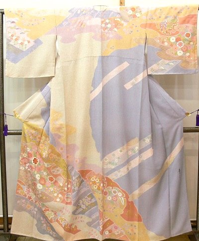 訪問着 薄藤色に霞・雪輪・熨斗の吉祥紋様の柄取り 京友禅 松井青々